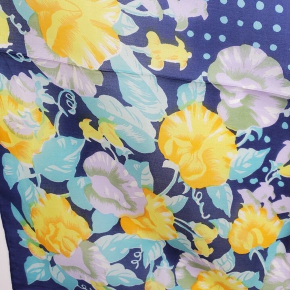 Vintage Silk Scarf Square Blue Yellow Floral Polka Dot 29"  Hand Rolled - Picture 8 of 10
